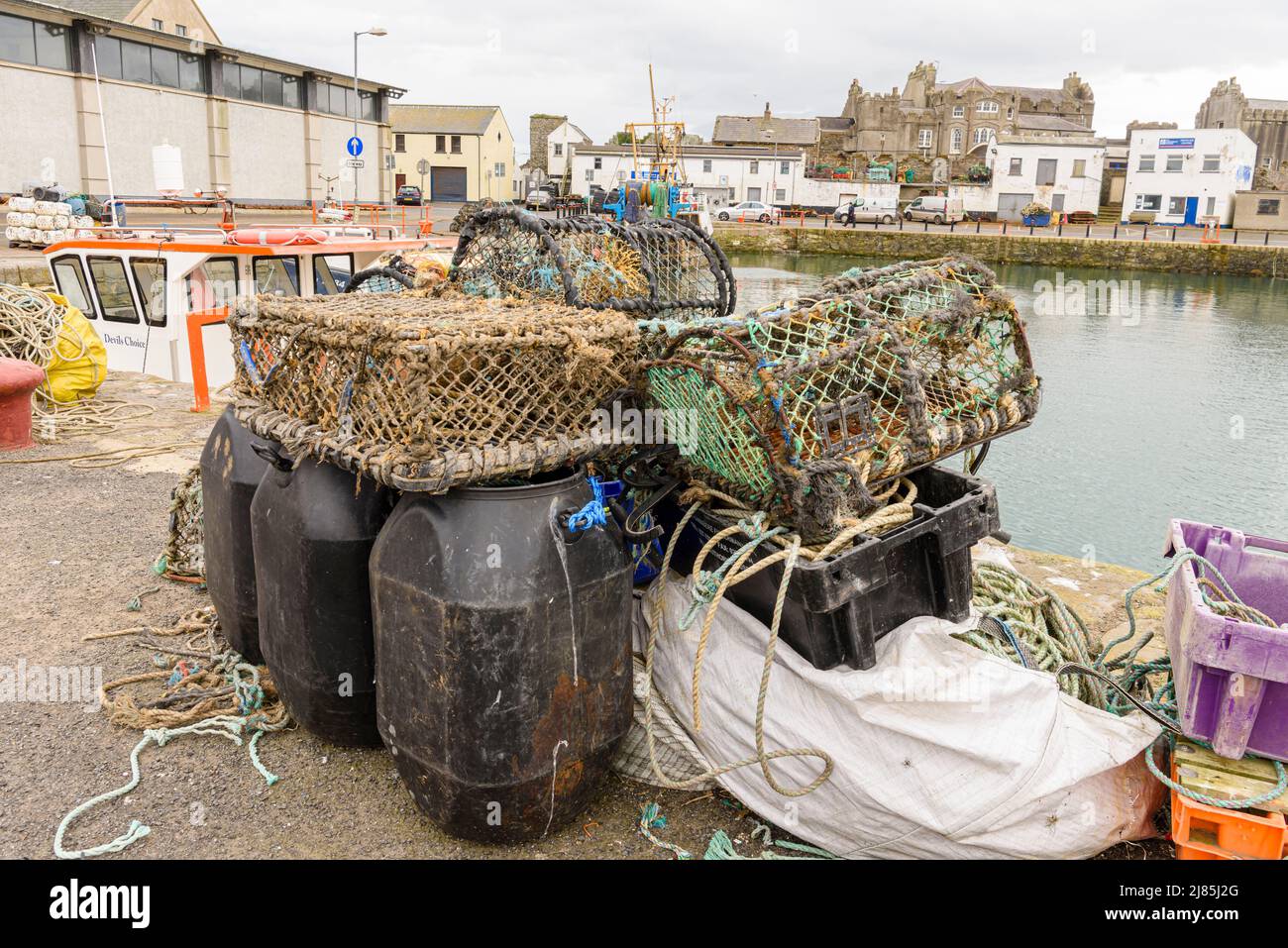 Stack of lobster pots at Ardglass harbour, Northern Ireland Stock Photo