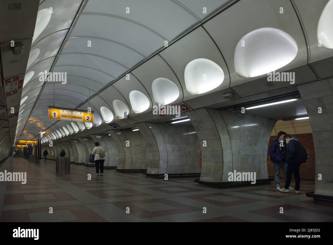 Interior of Anděl Station of the Prague Metro in Prague, Czech Republic. The underground station previously known as Moskevská Station (Moscow Station) was designed by Soviet modernist architect Lev Popov and completed in 1985. Lamps in the shape of eggs are very typical for his projects of underground stations. Stock Photo