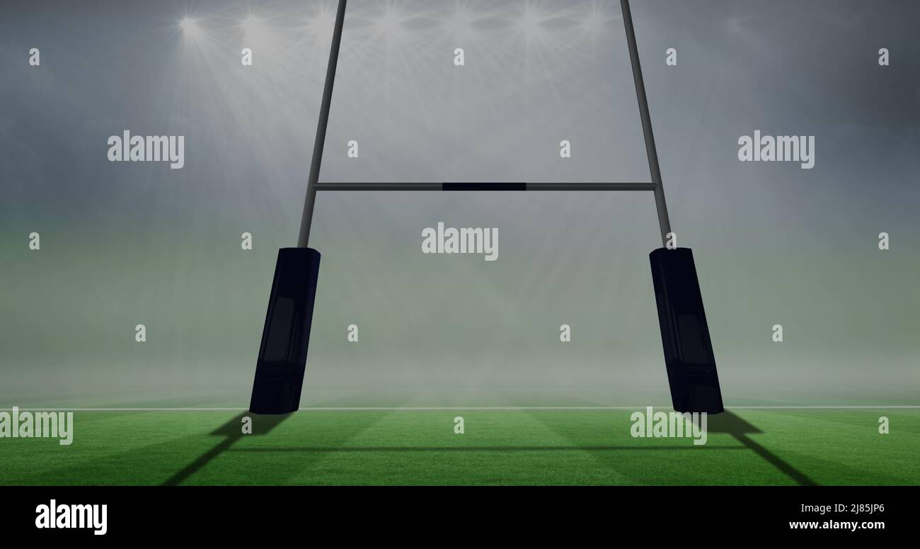 Image of media icon over rugby balls falling with wales text at stadium ...
