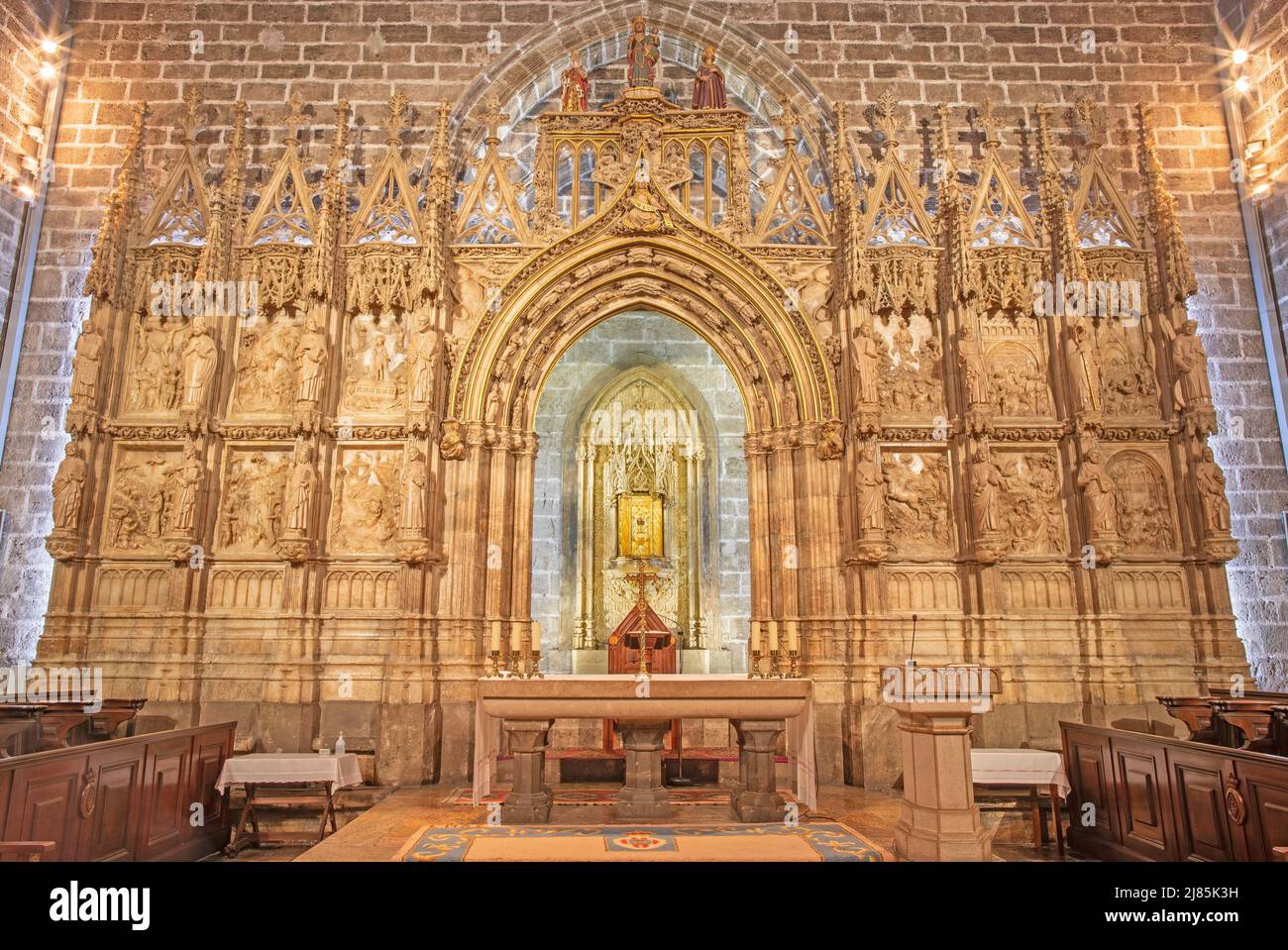 VALENCIA, SPAIN - FEBRUARY 14, 2022: The alabaster altar of  Holy Chalice chapel the the Cathedral by more sculptors (1441 - 1446). Stock Photo