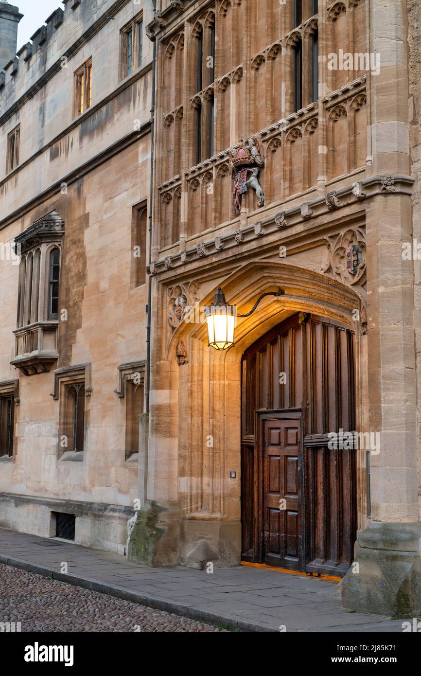 Brasenose College door and light just after sunrise. Oxford, Oxfordshire, England Stock Photo