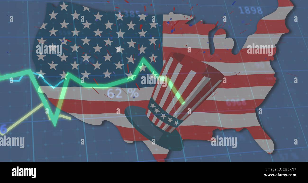 Image of american flag, hat and map with lines and statistics processing Stock Photo