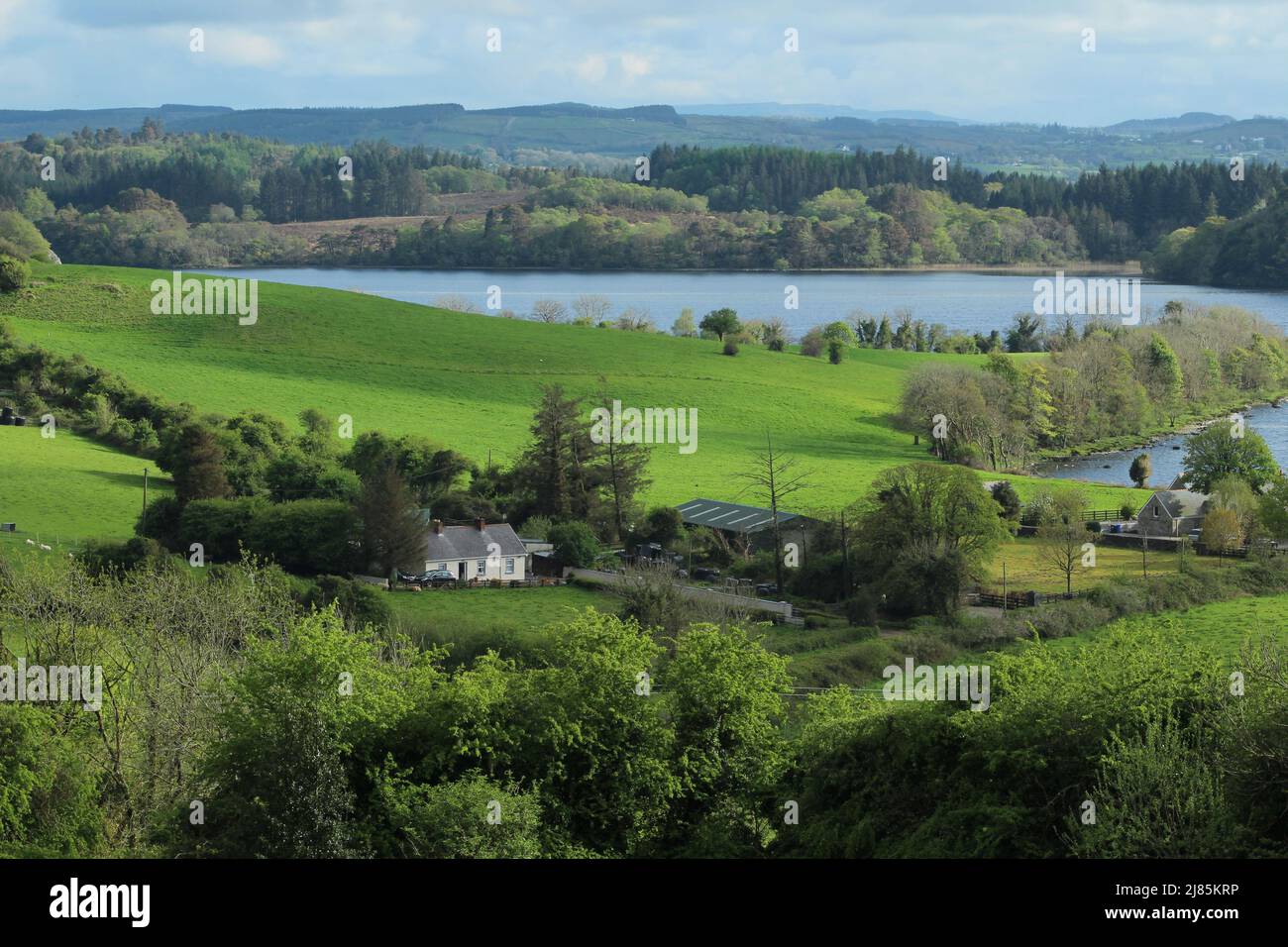 Landscape of rural County Leitrim, Ireland at shores of Lough Gill during summertime featuring cottage nestled amongst fields and trees Stock Photo