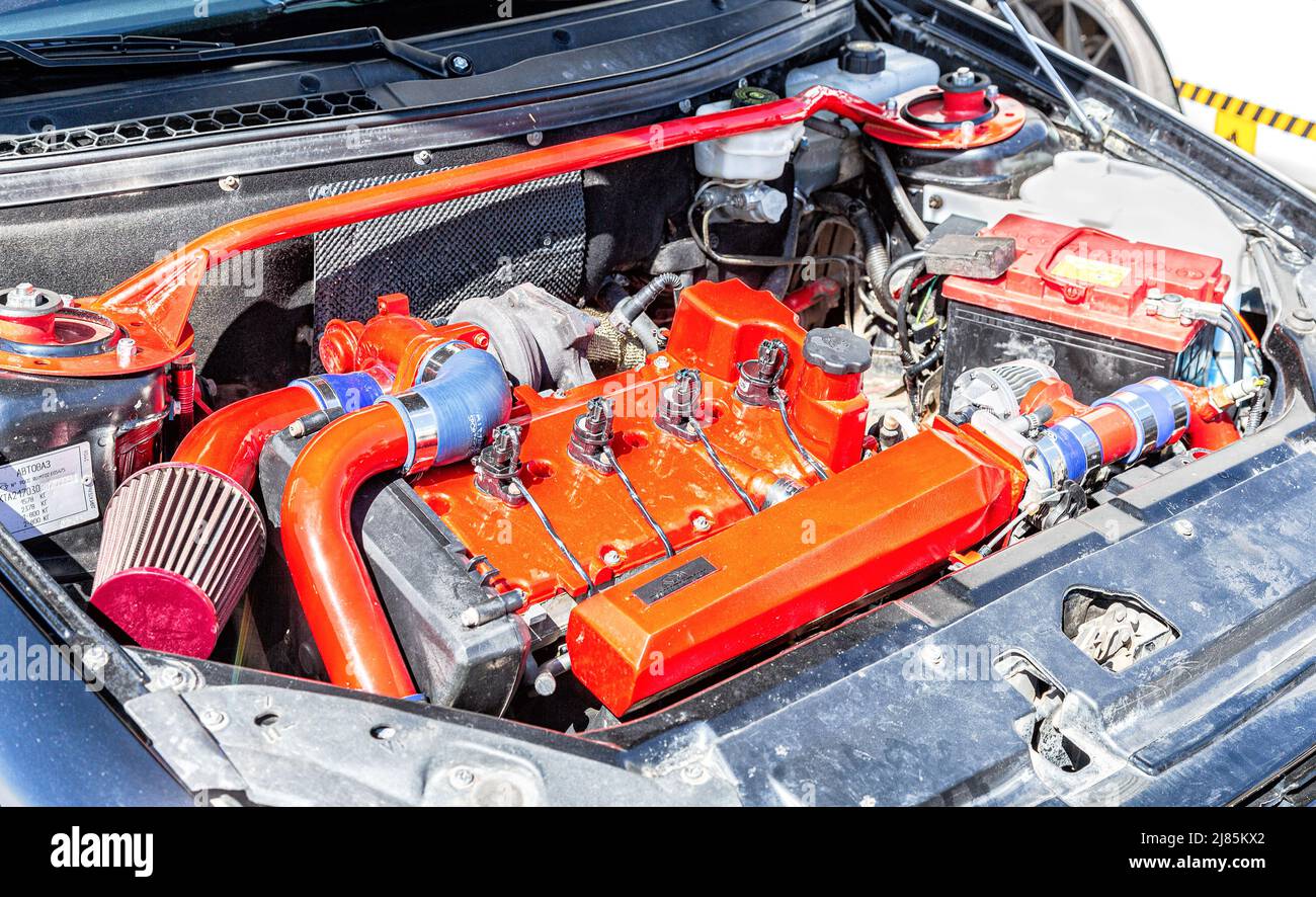 Samara, Russia - May 8, 2022: Tuned car engine of Lada 2170 Priora vehicle, under the hood of a vehicle Stock Photo