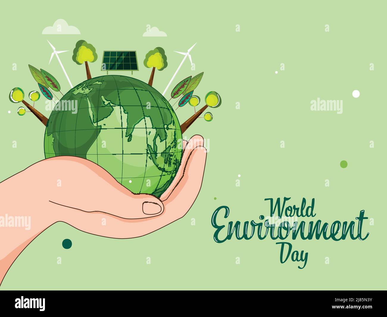 World Environment Day Concept With Human Hand Holding Earth Globe, Trees, Windmills, Solar Panels On Green Background. Stock Vector