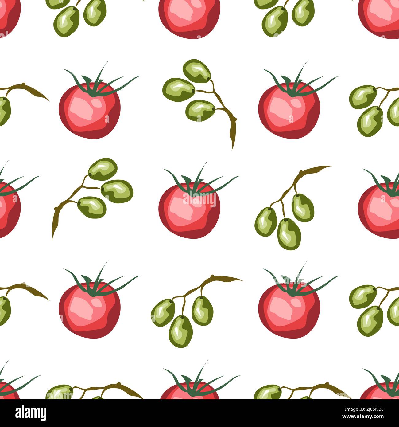Olive fruits and tomatoes isolated on white background is in Seamless pattern - vector illustration Stock Vector