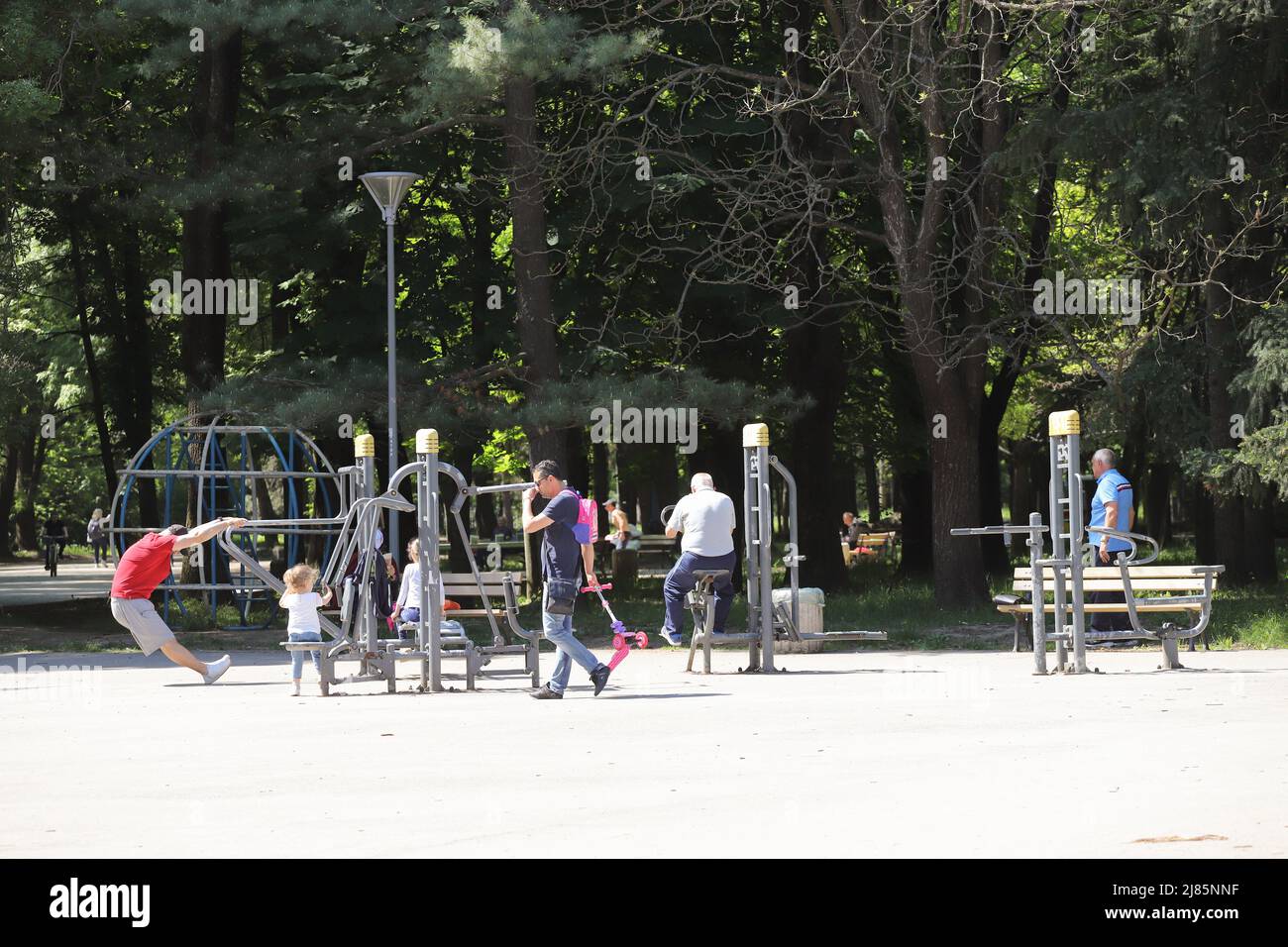 People are doing sports and fitness outdoor in the park in Sofia, Bulgaria on 05/13/2022 Stock Photo