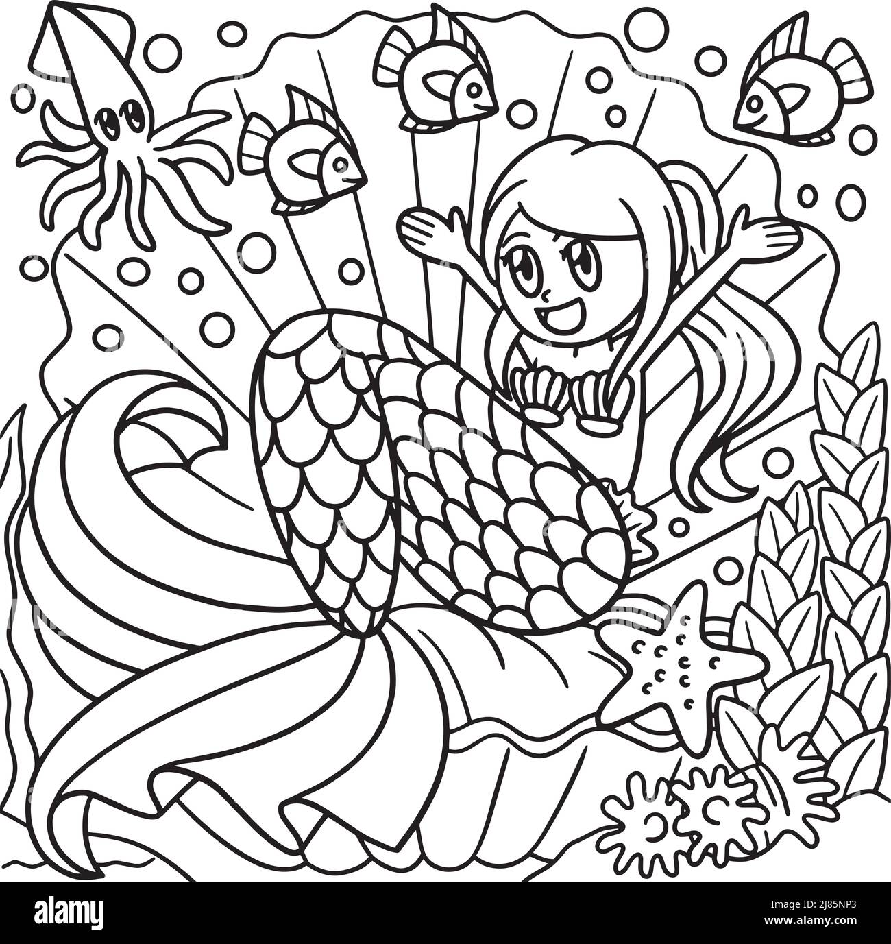 Mermaid Sitting in a Giant Shell Coloring Page Stock Vector Image & Art ...