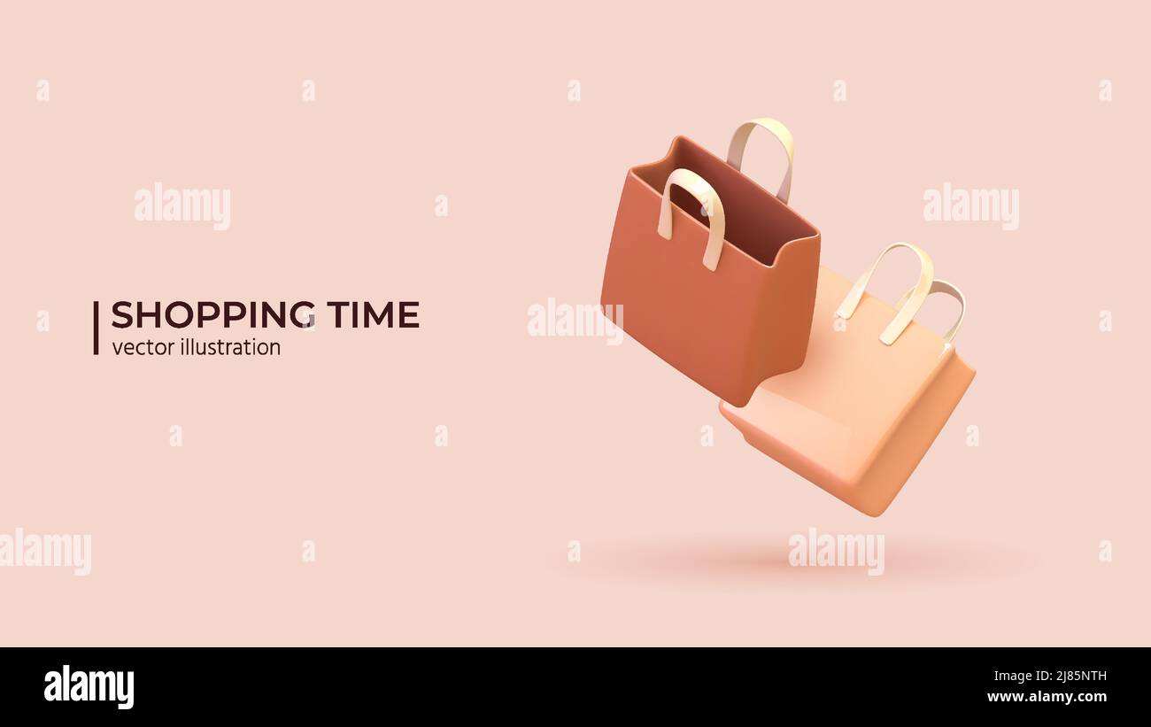 Two Empty Shopping Bags in 3d Realistic style. Online shopping and holiday promotions concept in cartoon minimal style. Vector illustration Stock Vector
