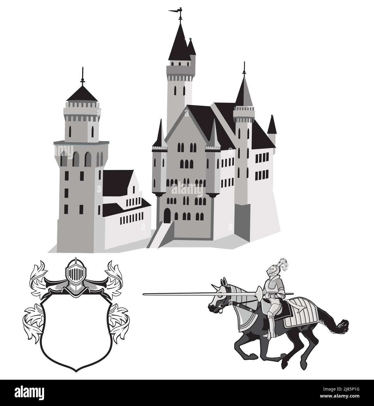Knight's castle with knight and coat of arms illustration Stock Vector