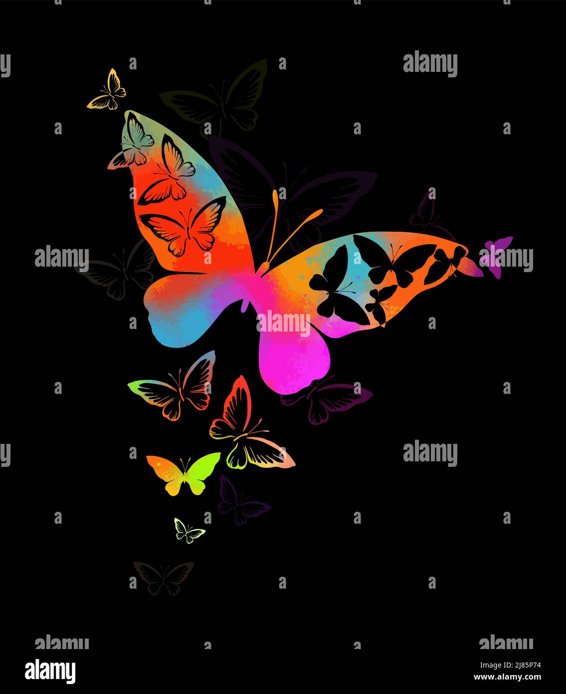 Abstract multicolored butterflies on a black background. Vector illustration Stock Vector