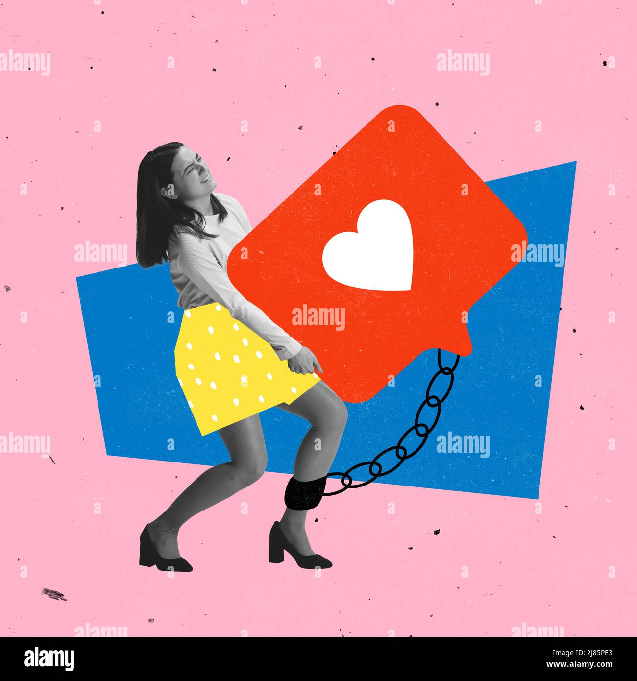 Contemporary art collage. Young woman carrying heavy social media like ...