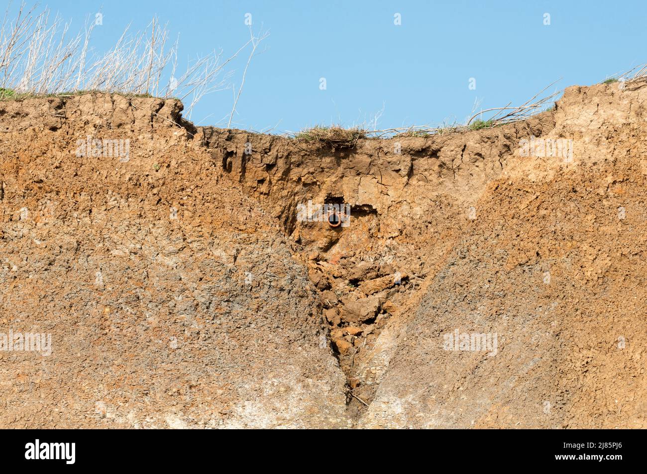 Farmland drainage pipe exposed in cliffs due to coastal erosion Stock Photo
