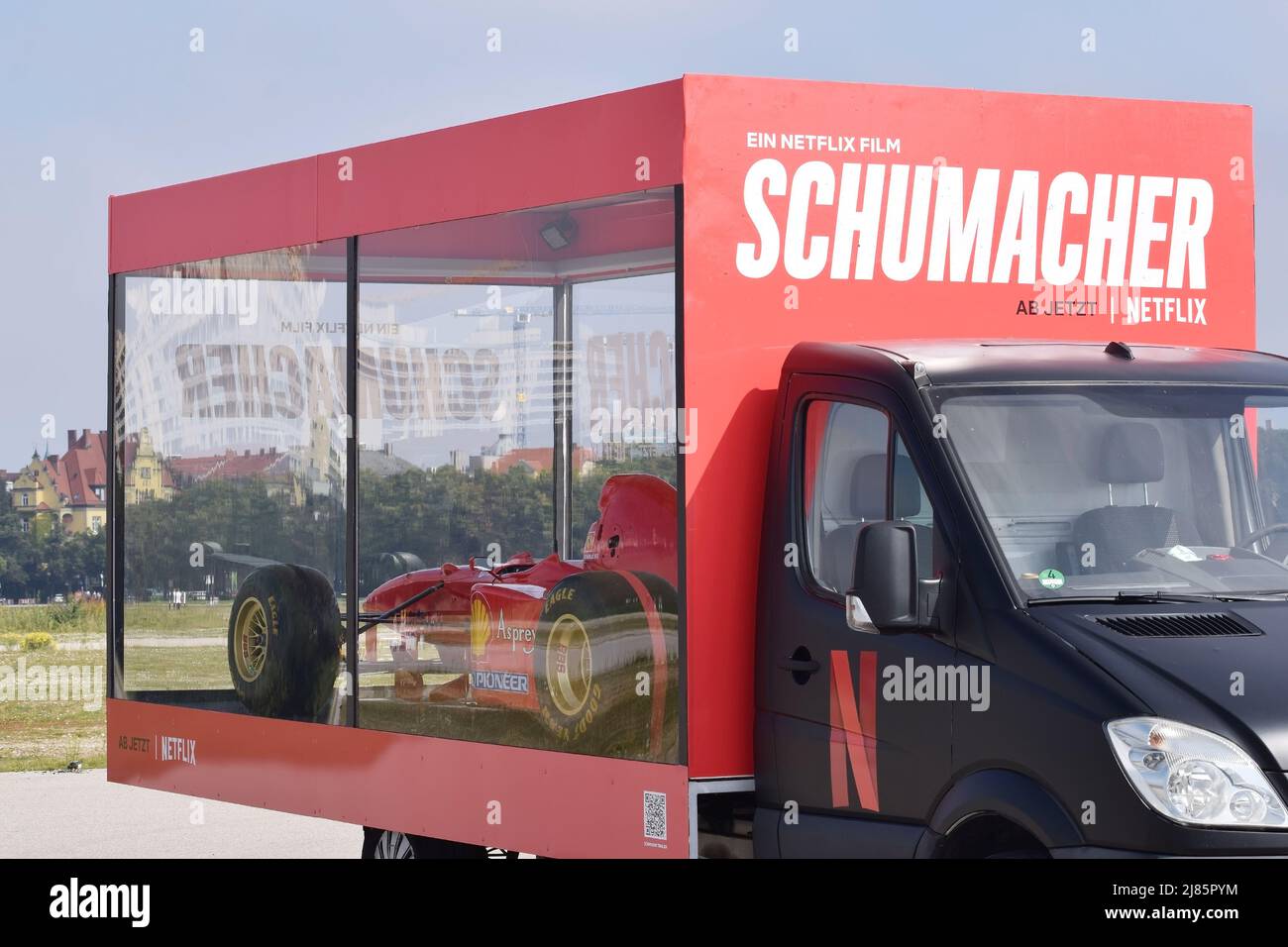 Netflix van with a racing Formula 1 promoting documentary (Netflix film) of Schumacher. Munich, Germany Stock Photo