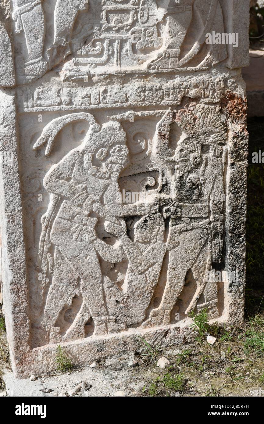 Mayan warriors, Palace of the Masks, Mayan ruins of Kabah, Yucatan, Mexico Stock Photo