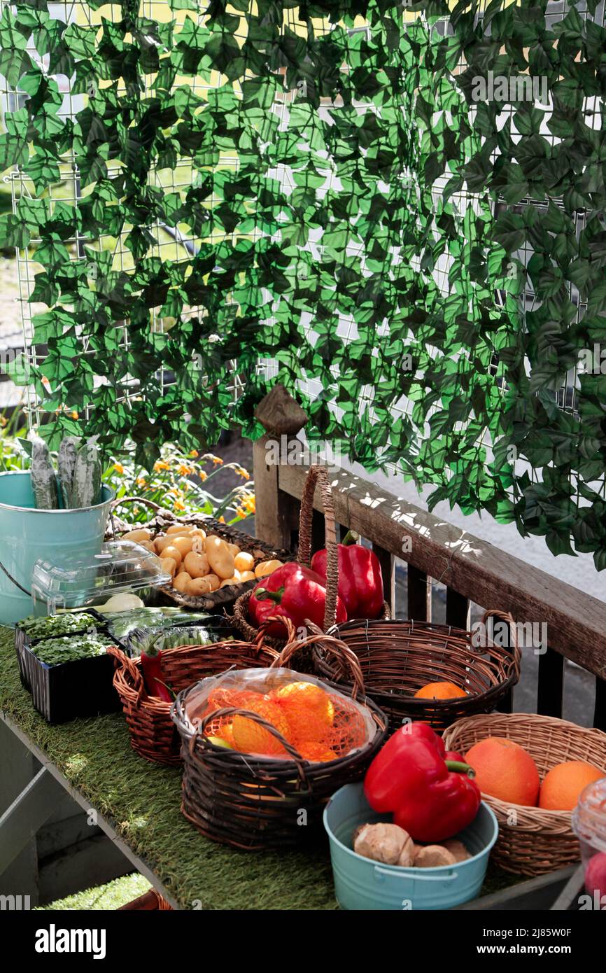 Fresh fruit and veg on display at famers market Stock Photo