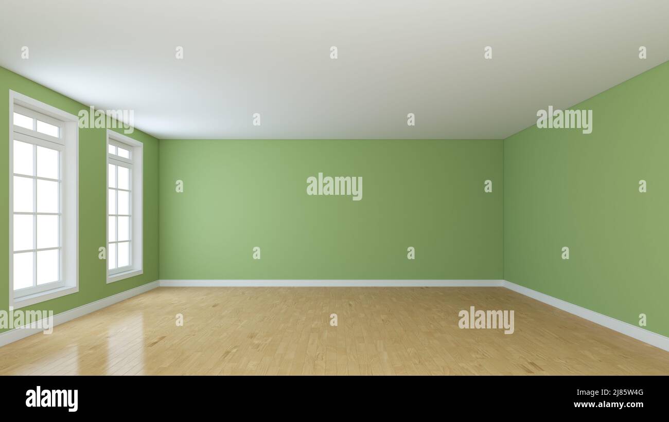 Beautiful Empty Room with Light Green Walls, Two Windows, Light Parquet and  a White Plinth. Perspective View. High Quality 3D Rendering with a Work Pa  Stock Photo - Alamy