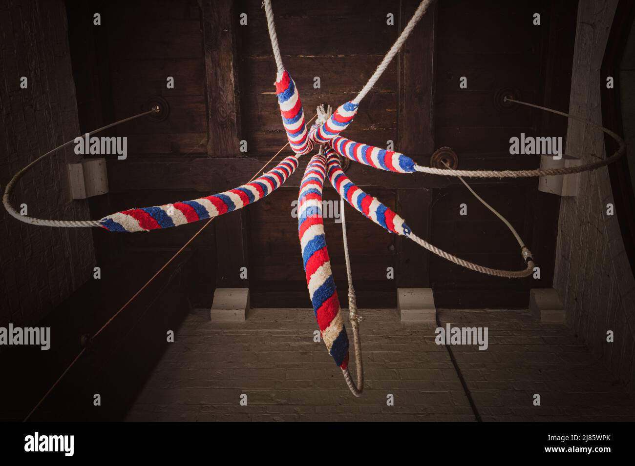 English church bellringer ropes at St Michaels, Steeple Claydon, Buckinghamshire. Stock Photo