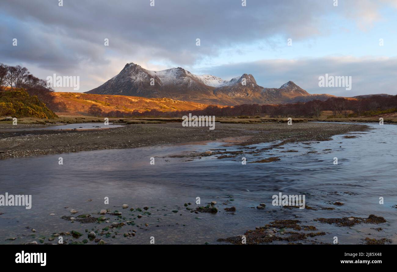 Kinloch River and Ben Loyal at sunset, Kyle of Tongue Stock Photo