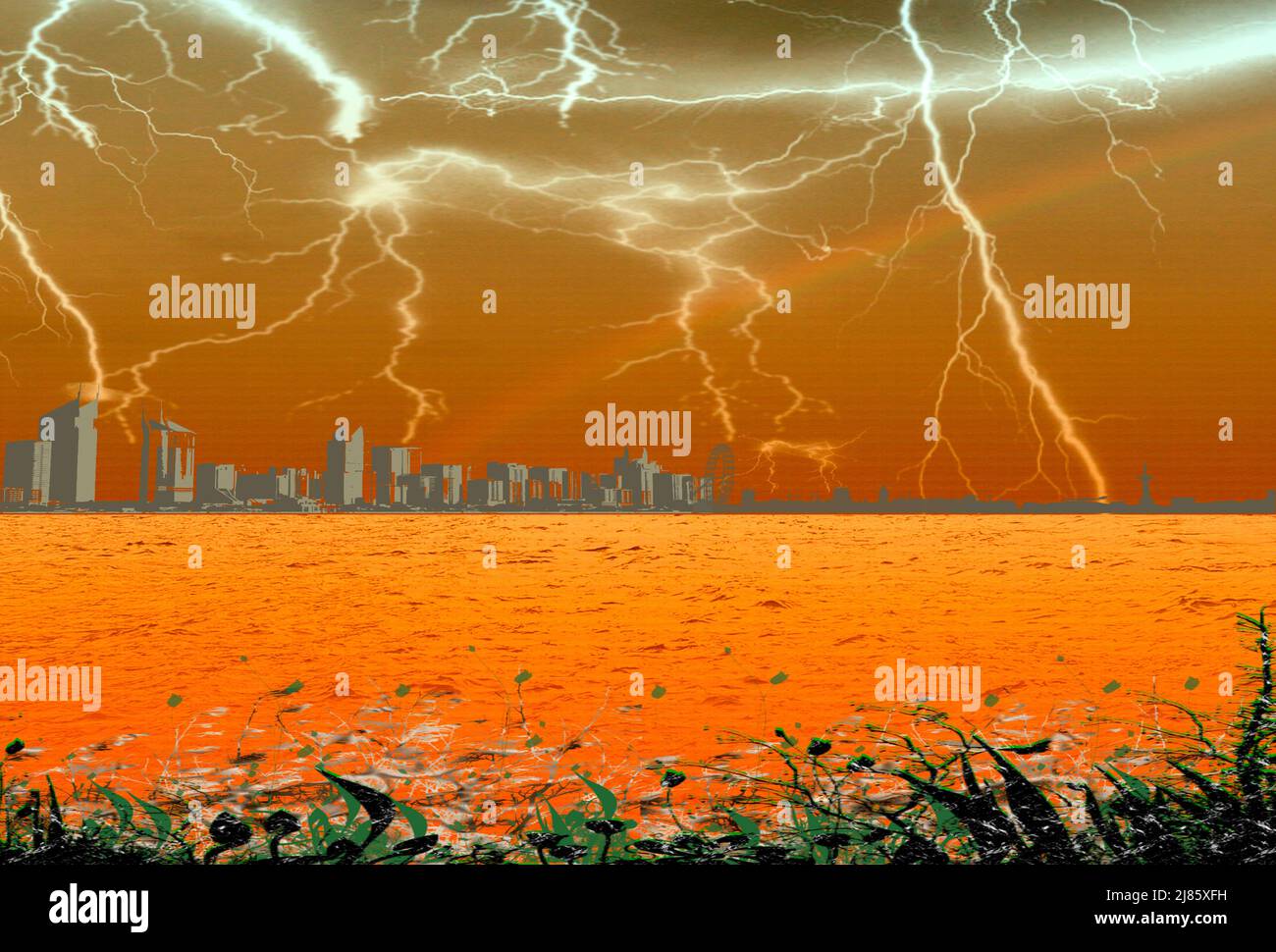 Illustration of a night of rain and lightning Stock Photo - Alamy
