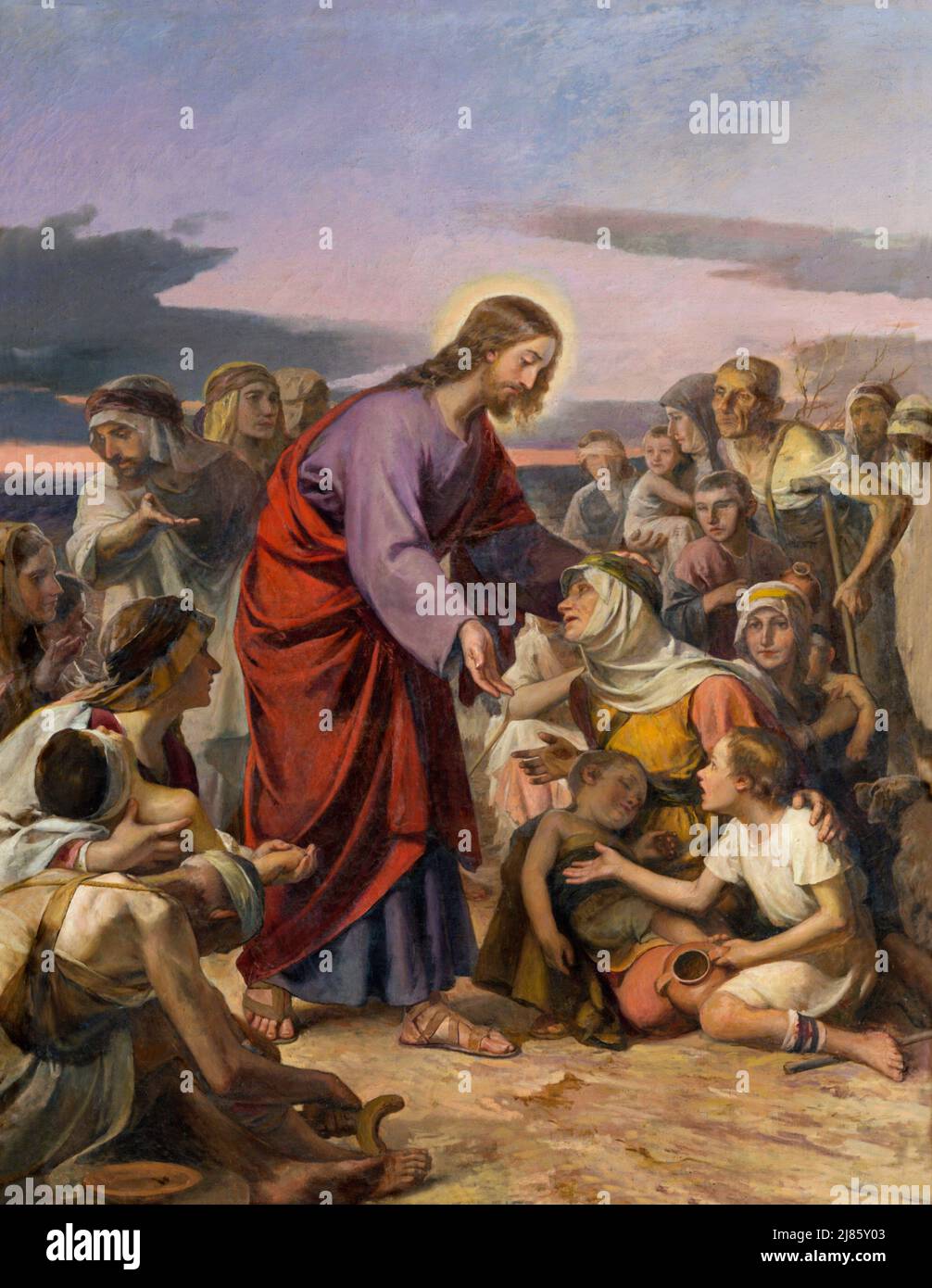 VALENCIA, SPAIN - FEBRUAR 17, 2022: The painting of Jesus among the children in the church Basilica Sagrado Corazon from year 1897. Stock Photo