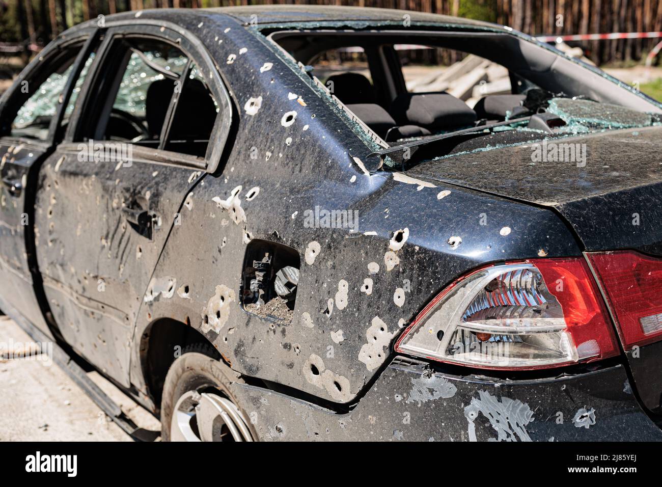 Many shot and destroyed cars at the car graveyard in Irpin, Ukraine