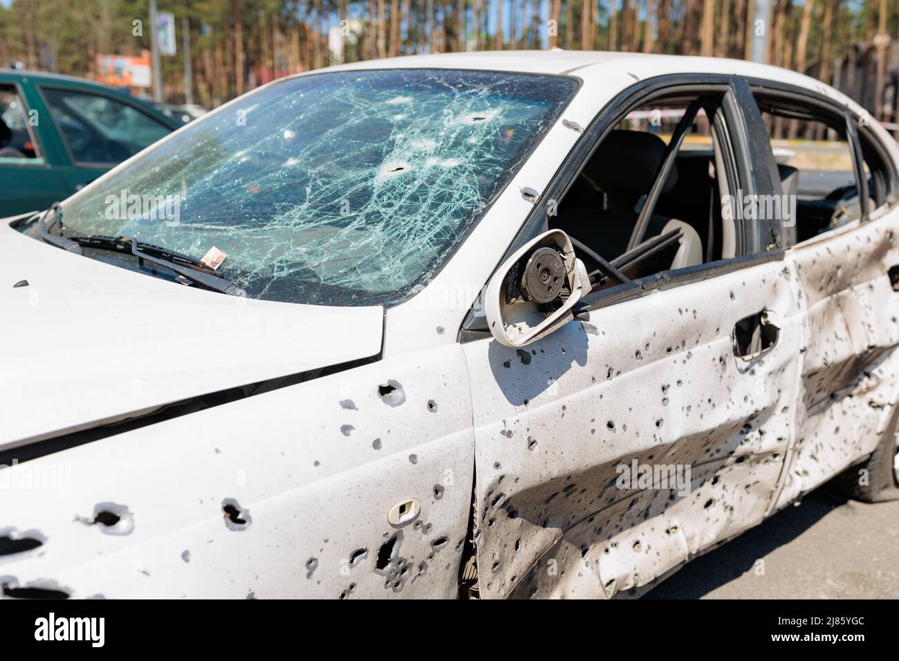 Many shot and destroyed cars at the car graveyard in Irpin, Ukraine
