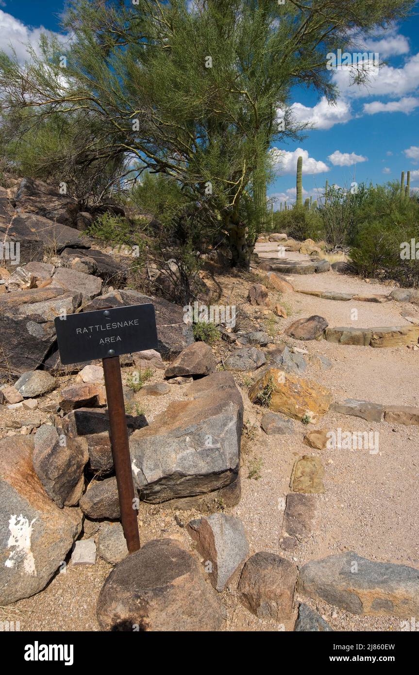 Sign ' Rattlesnake' and path Saguaro NP Arizona USA Stock Photo