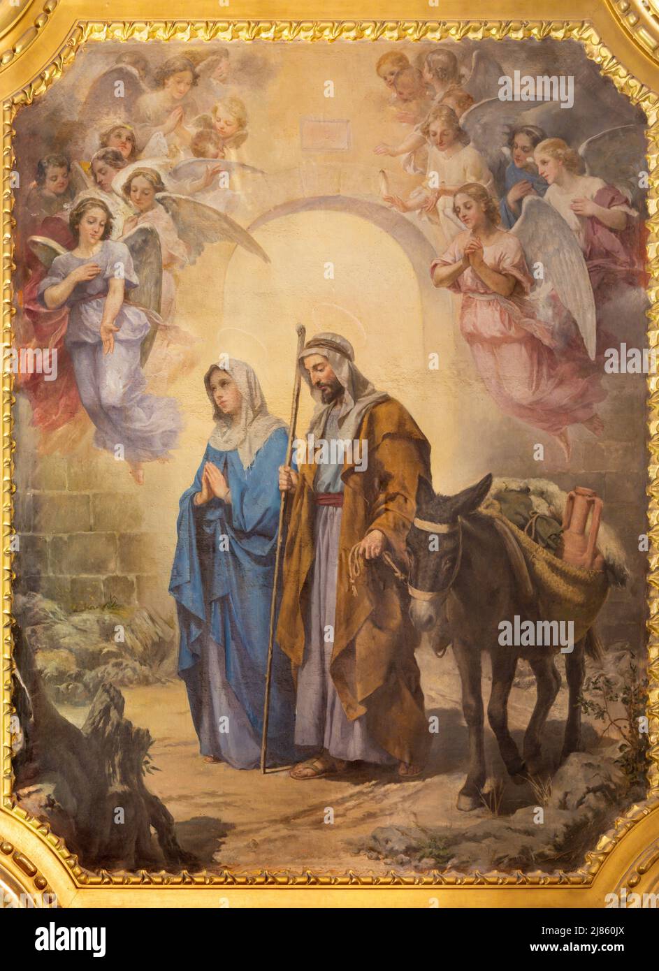 VALENCIA, SPAIN - FEBRUAR 17, 2022: The painting of Flight to Egypt in the church Basilica Sagrado Corazon from year 1897. Stock Photo