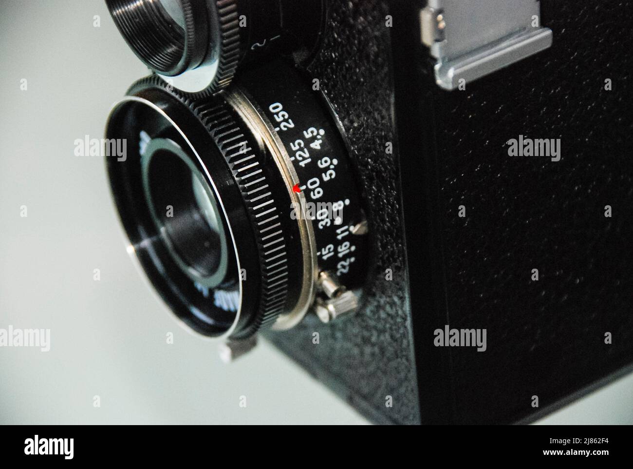 Lens of a Liubitel 166 twin-lens reflex camera Stock Photo