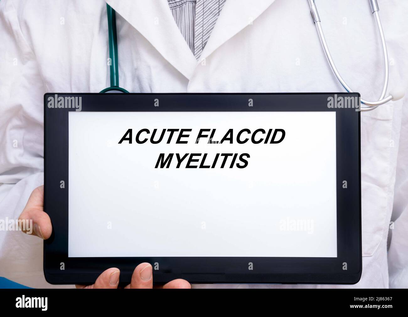 Acute Flaccid Myelitis.  Doctor with rare or orphan disease text on tablet screen Acute Flaccid Myelitis Stock Photo