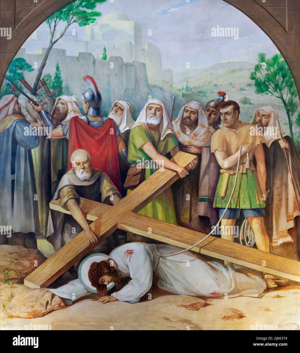 VALENCIA, SPAIN - FEBRUAR 17, 2022: The painting Jesus fall under the cross as part of Cross way  of church Iglesia de Buen Pastor by Bellver Delmáy. Stock Photo