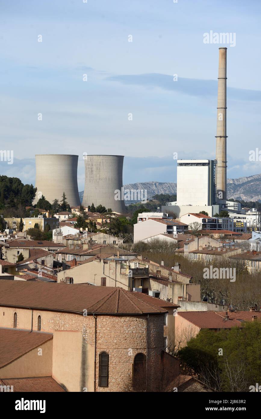 Cooling Towers of Gardanne Thermal Power Station and 297m Tall Chimney, the Tallest in France, Gardanne Bouches-du-Rhone Provence France Stock Photo