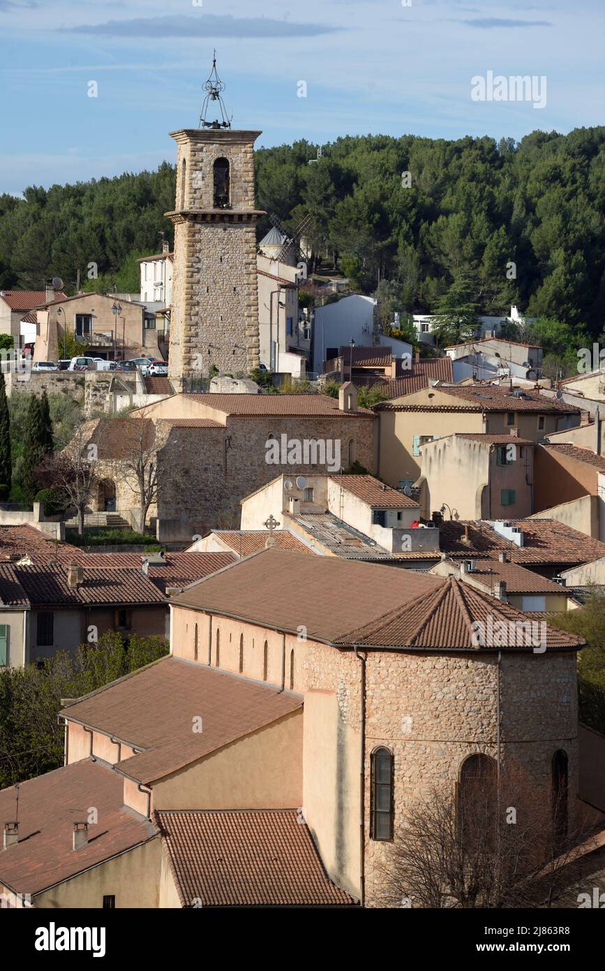 View over the Old Town or Historic District, c18th Belfry & Saint Mary's Church, or Eglise Sainte-Marie (1905-06) Gardanne Bouches-du-Rhône France Stock Photo