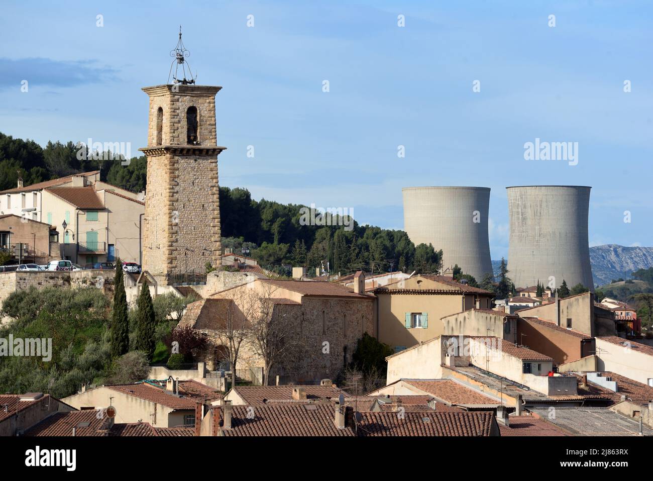 Cooling Towers of Gardanne Thermal Power Station and Old Town or Hilltop Village Gardanne Bouches-du-Rhone Provence France Stock Photo