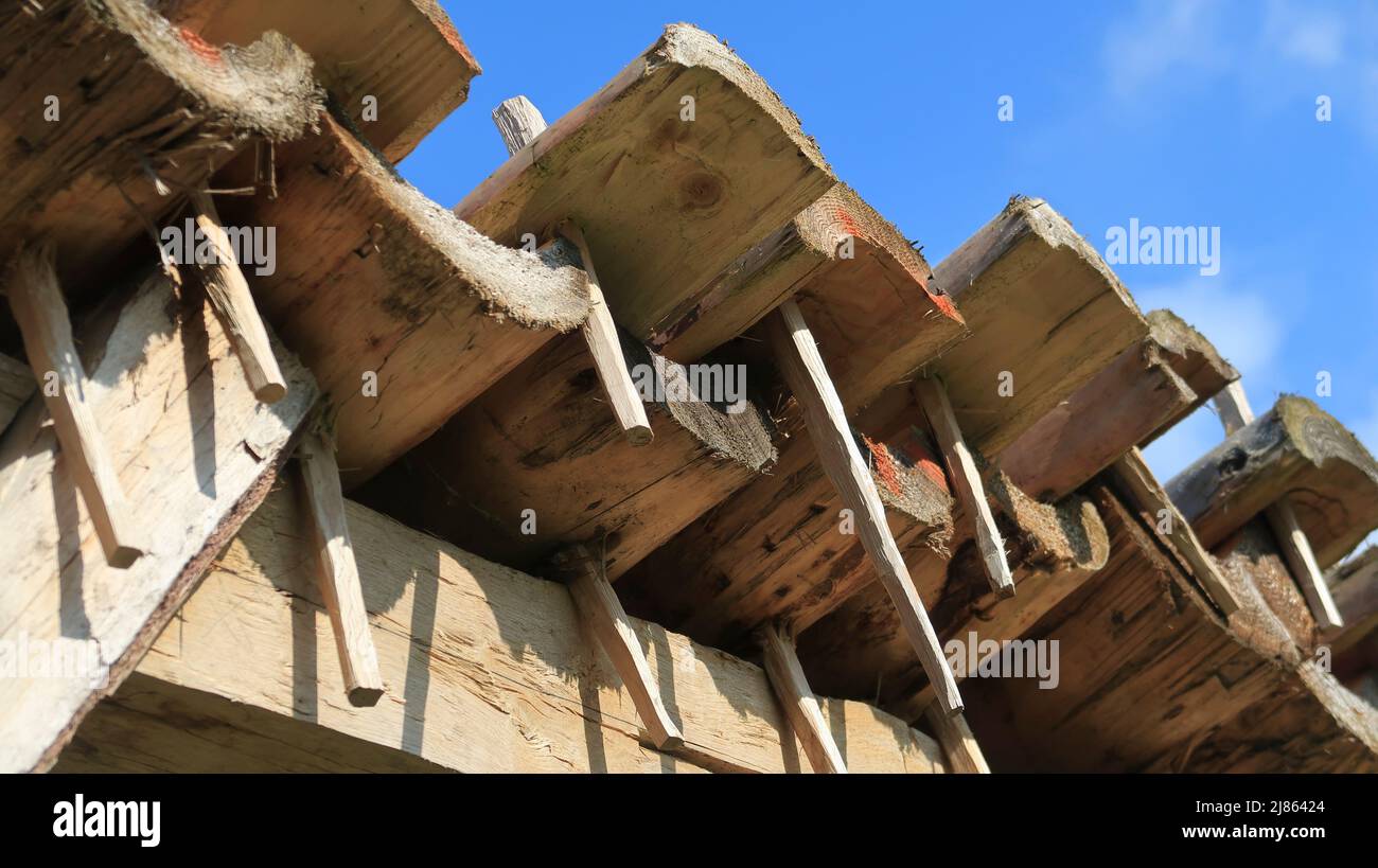 Detail of medieval timber pantile shingles and wooden pegs roofing Stock Photo