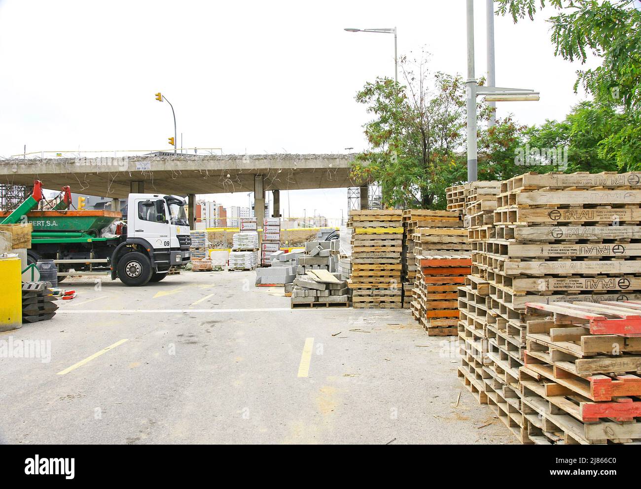 Stack of pallets in a warehouse in Barcelona, Catalunya, Spain, Europe