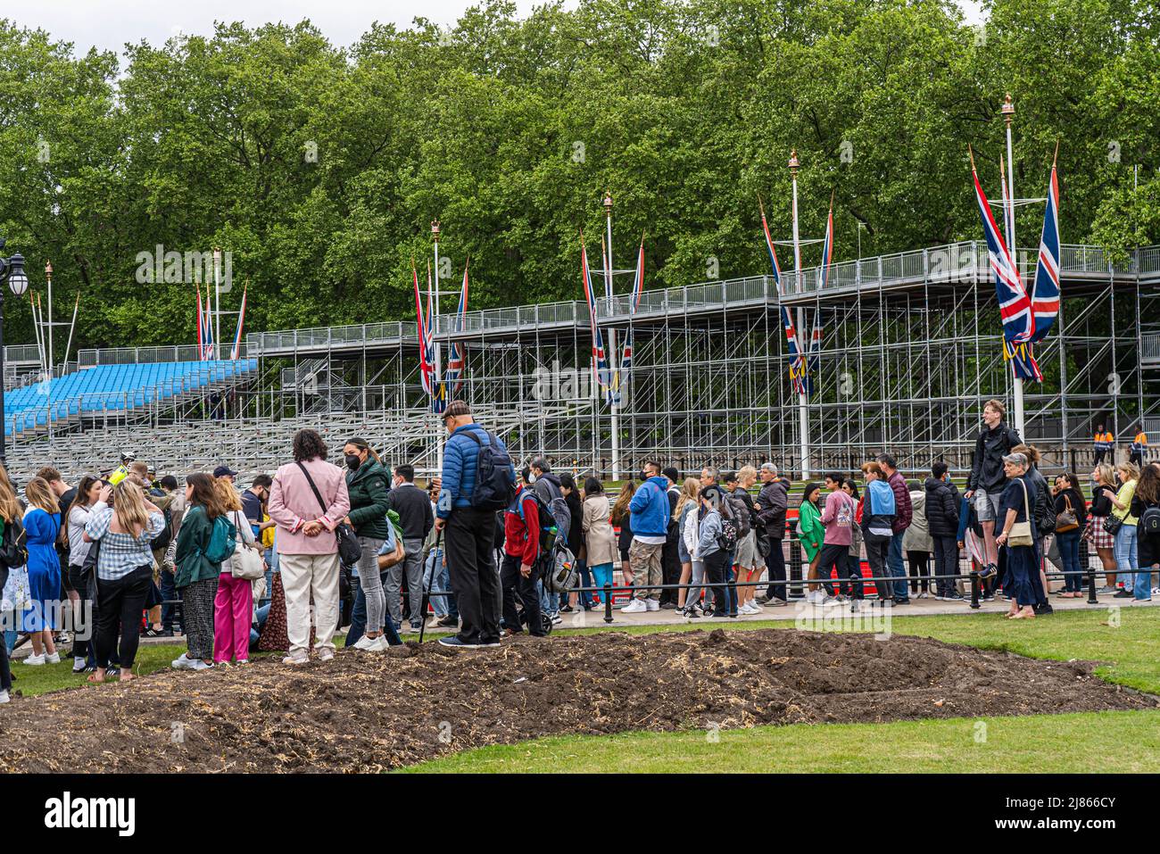 London UK, 13 May 2022. Viewing grandstands are constructed outside