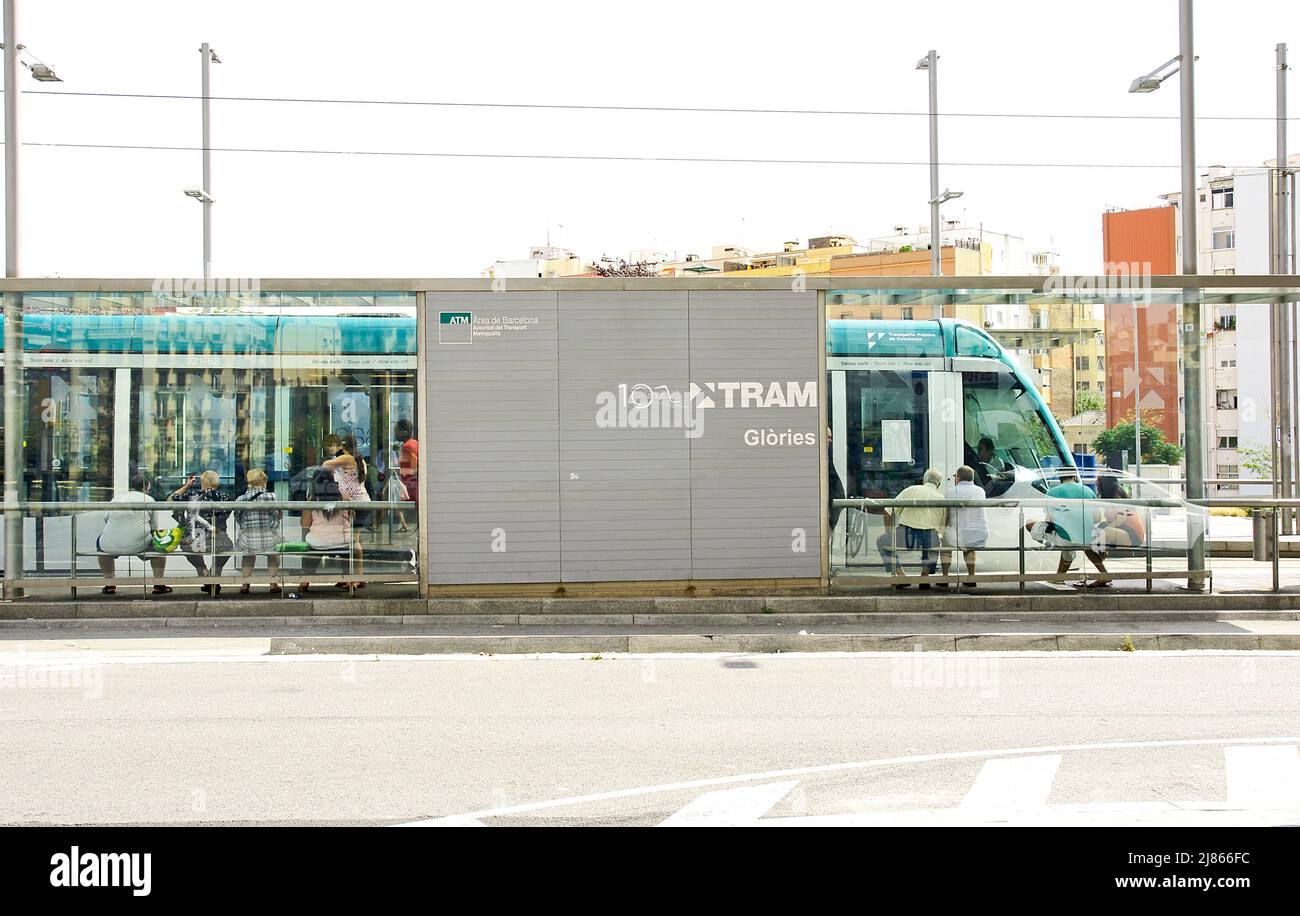 Tram stop in Barcelona, Catalunya, Spain, Europe Stock Photo