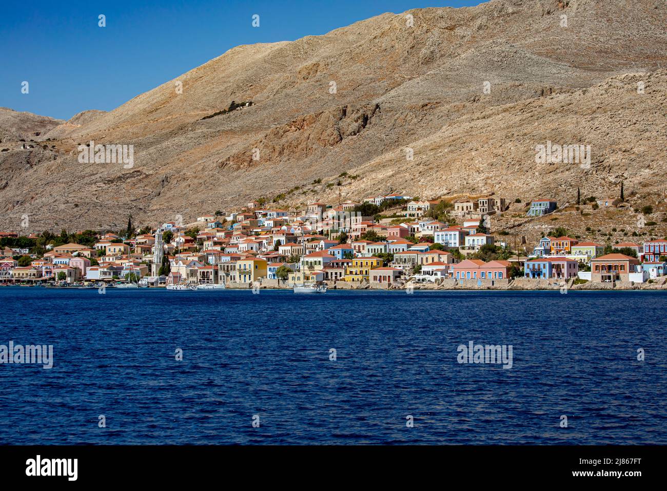 Beautiful Chalki town center on Chalki island, Dodecanese islands ...