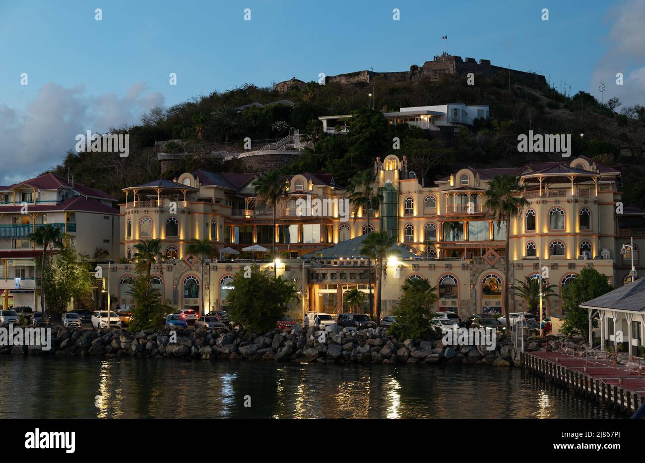 Marigot, St Martin - April 2022: the port of Marigot and Fort Louis in the evening Stock Photo