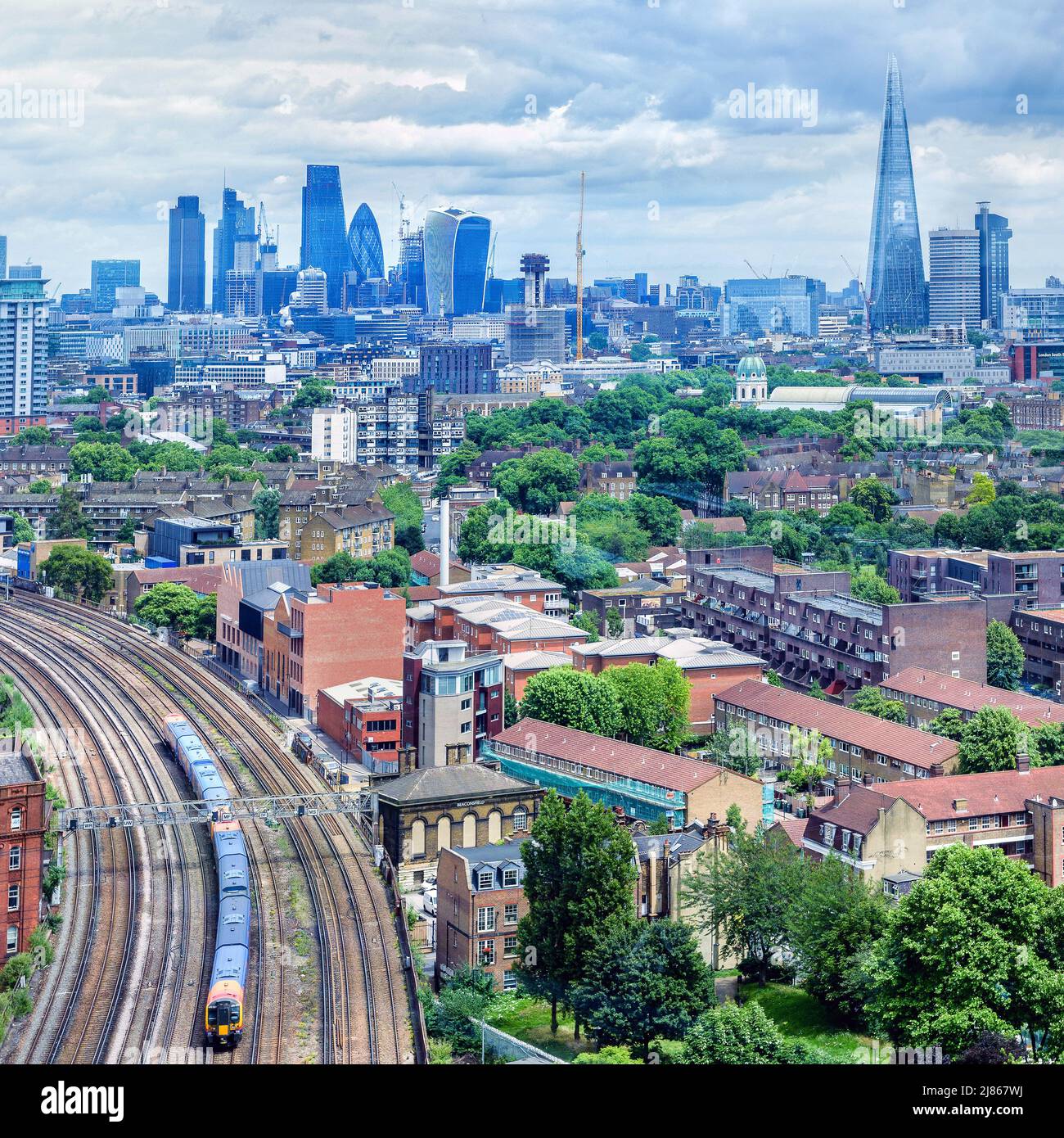 Aerial of famous London buildings and transport Stock Photo