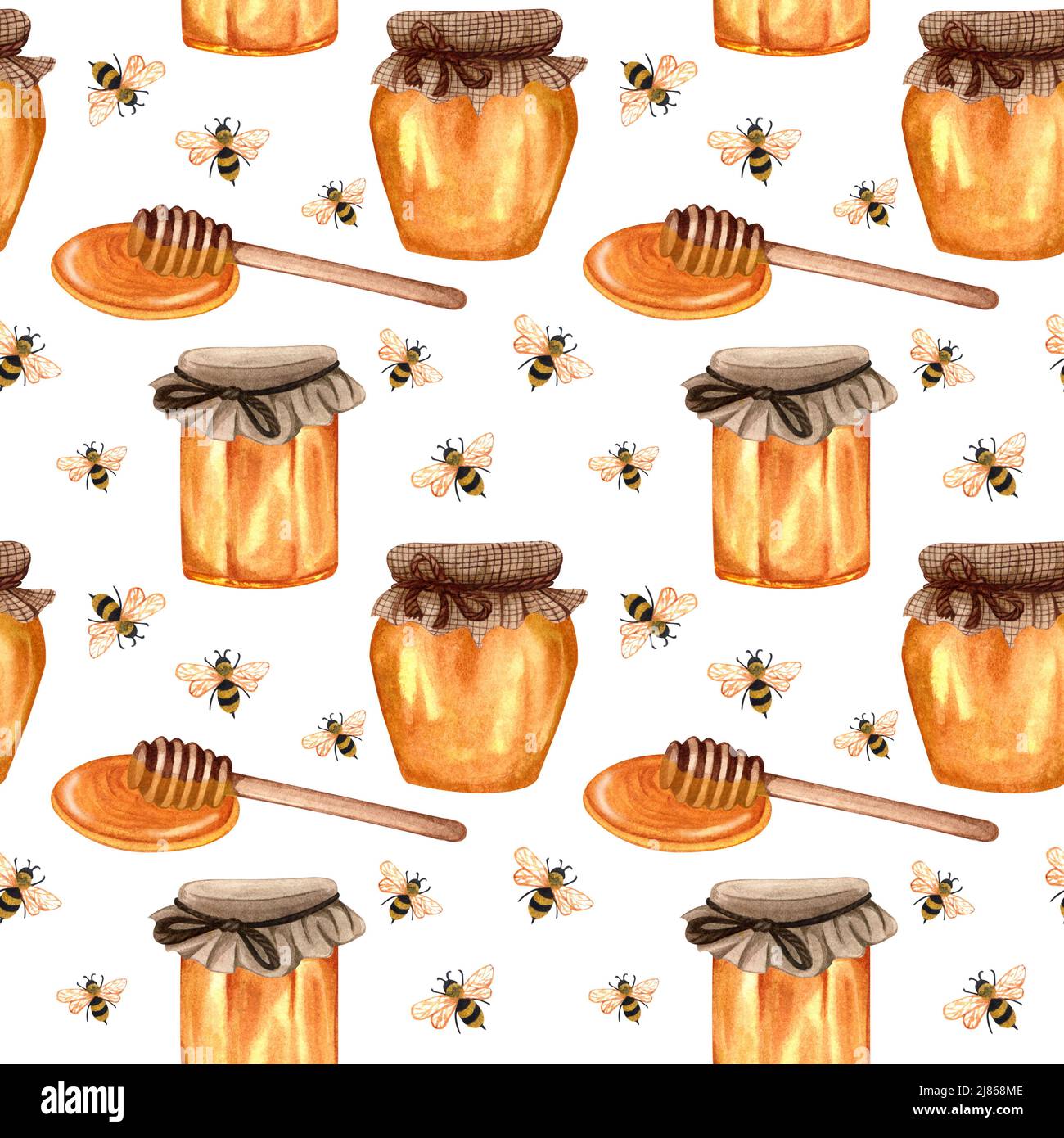 Watercolor honey seamless pattern with bee and honey. Hand drawn ...