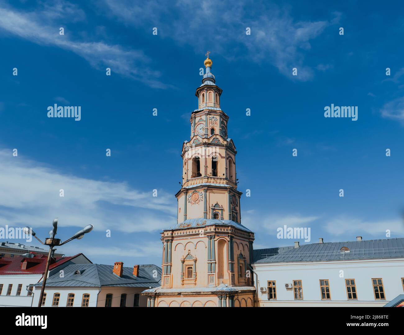 Saints Peter and Paul Cathedral or Petropavlovsky Cathedral. Kazan, Tatarstan Republic, Russia. Orthodox church in baroque style. Kazan architectural landmark. Cathedral Bell Tower Stock Photo