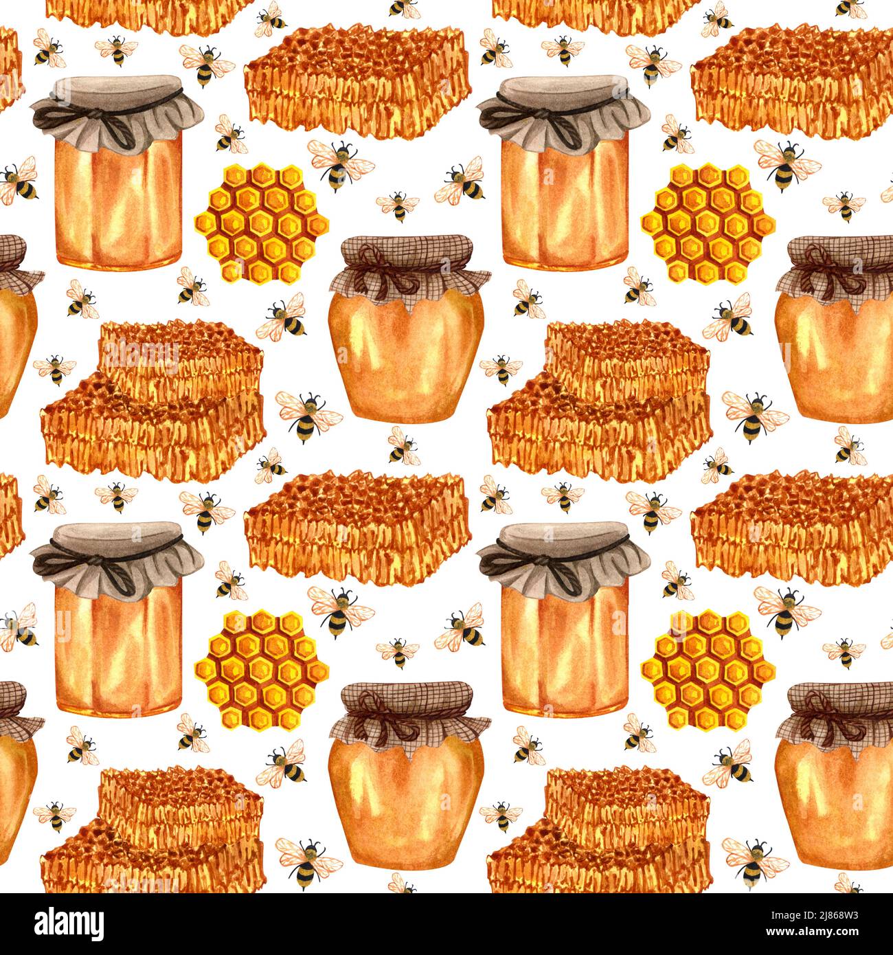 Watercolor honey seamless pattern with bee and honey. Hand drawn ...