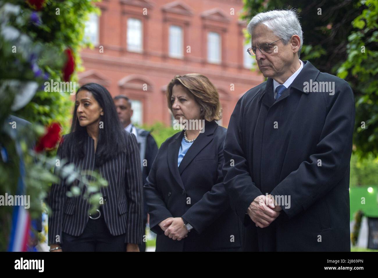 Washington, United States. 13th May, 2022. Associate Attorney General Vanita Gupta, Deputy Attorney General Lisa Monaco and Attorney General Merrick Garland participate in a moment of silence at the National Law Enforcement Officers Memorial in honor of National Police Week in Washington, DC on Friday, May 13, 2022. Photo by Bonnie Cash/UPI Credit: UPI/Alamy Live News Stock Photo