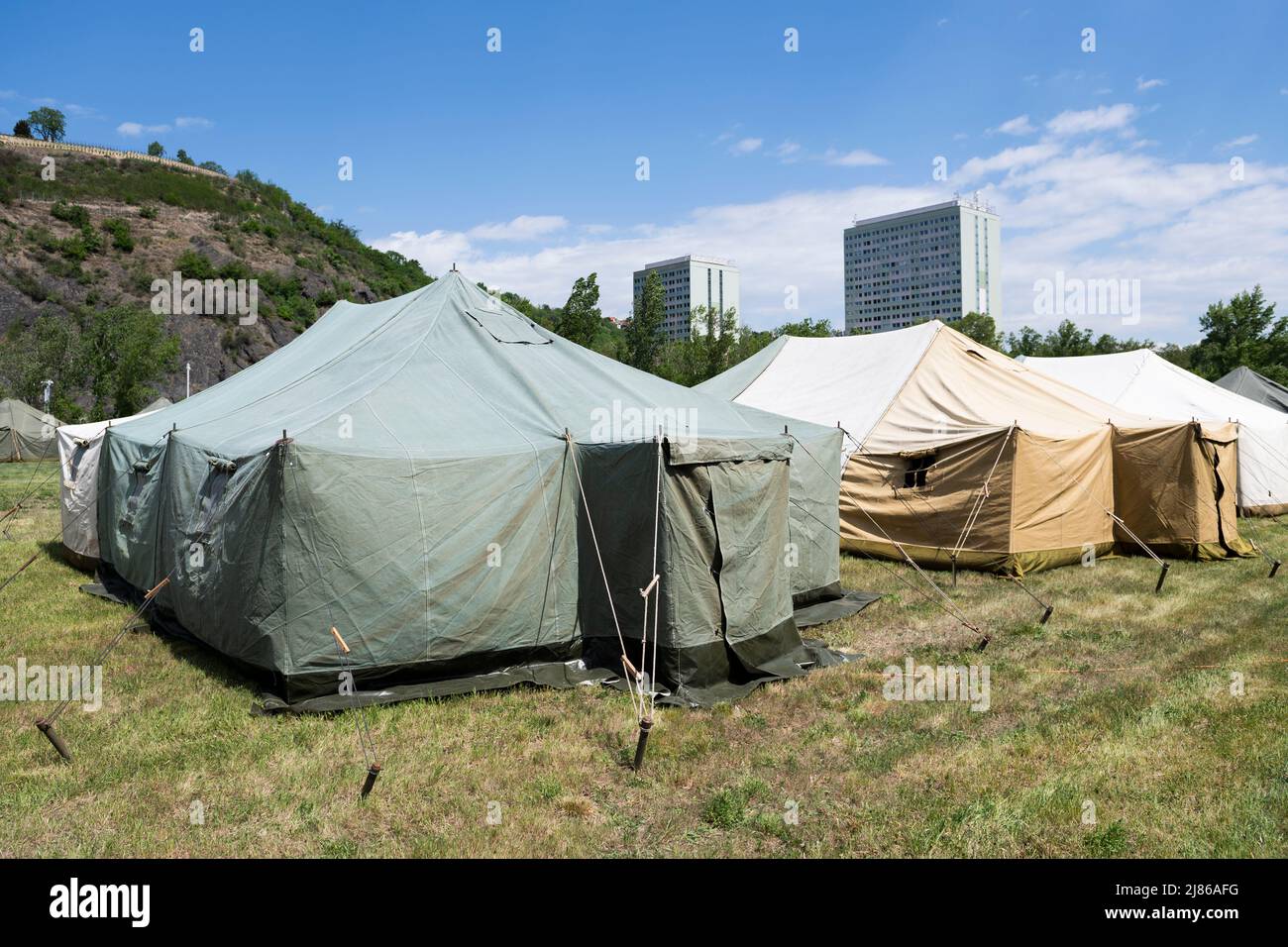 Prague, Czech Republic. 12th May, 2022. Prague firefighters build temporary shelter with tents and sanitary facilities with the capacity for 150 people in the Prague-Troja district, Czech Republic, on May 12, 2022, to tackle the situation of Ukrainian war refugees at the Main Railway Station to prevent people sleeping in corridors. Credit: Ondrej Deml/CTK Photo/Alamy Live News Stock Photo
