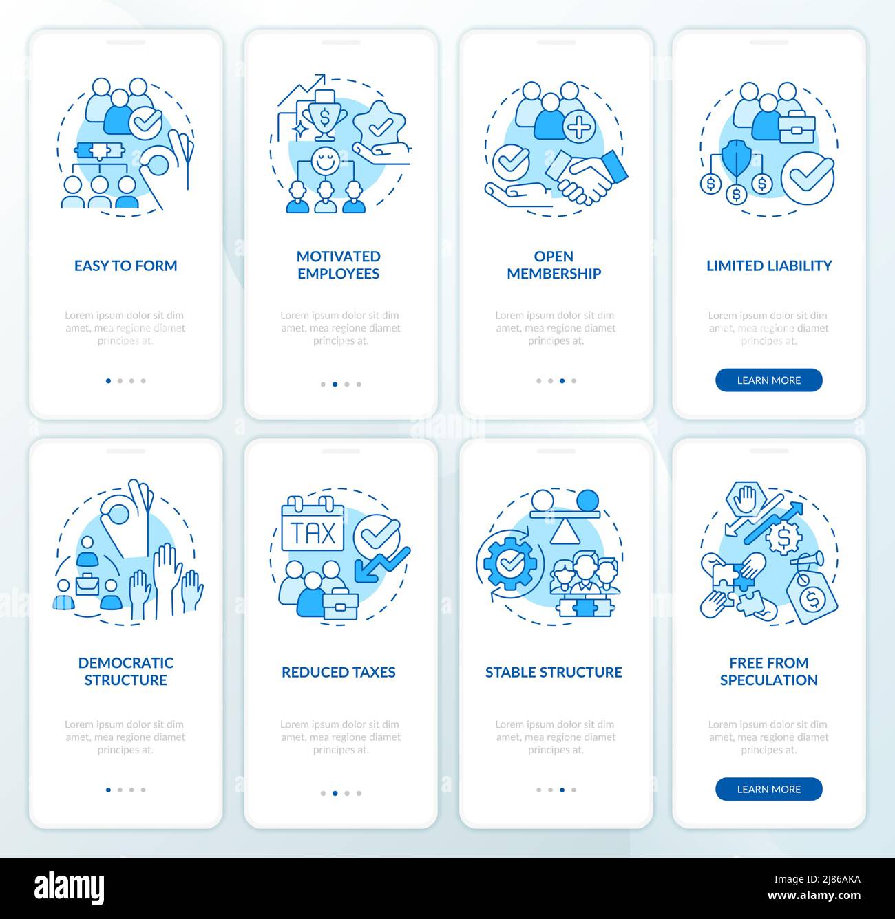 Business cooperatives advantages blue onboarding mobile app screen set ...