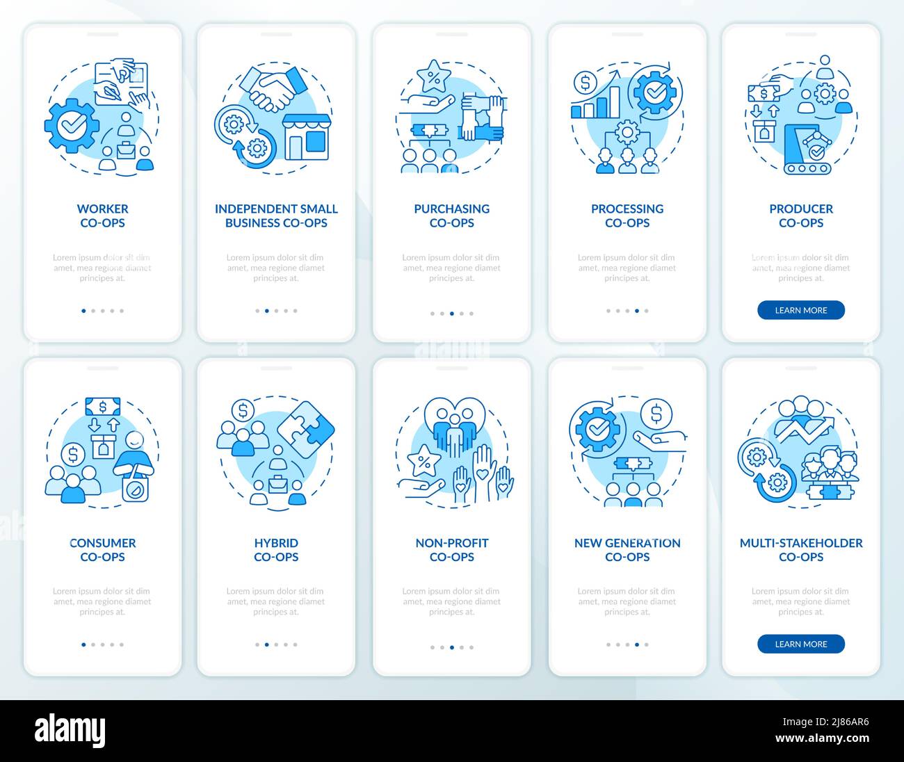 Business co-ops types blue onboarding mobile app screen set Stock ...