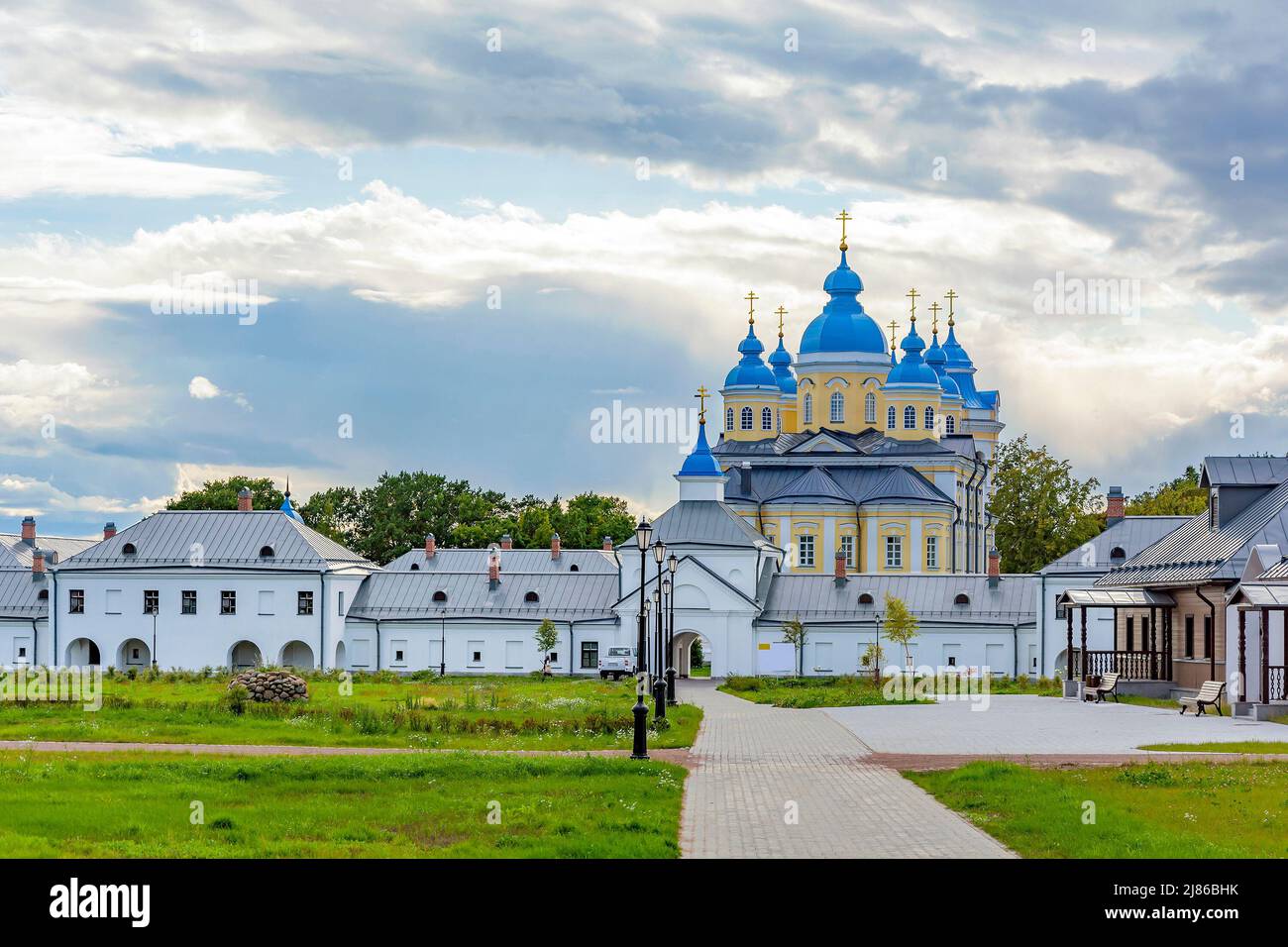 Konevets Island, view of the Orthodox Nativity-Bogoroditsky Monastery, recently restored Stock Photo